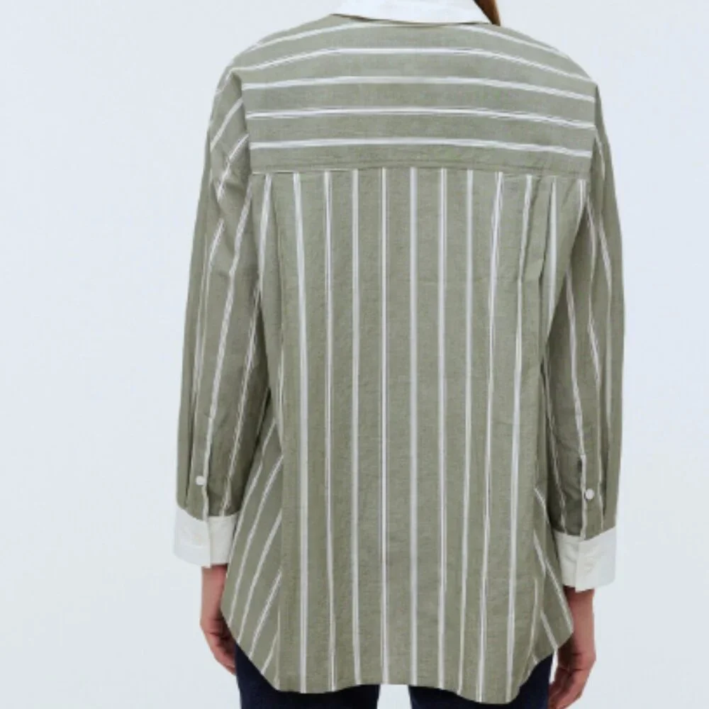 Madewell Olive Green Striped Button Down Shirt - Picture 3 of 13